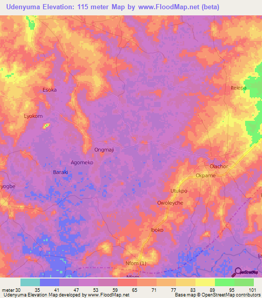 Udenyuma,Nigeria Elevation Map