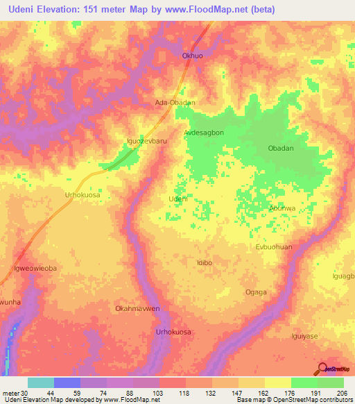 Udeni,Nigeria Elevation Map