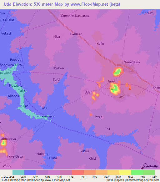 Uda,Nigeria Elevation Map