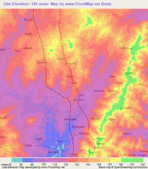 Uda,Nigeria Elevation Map