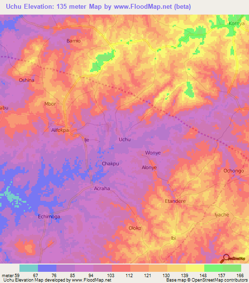 Uchu,Nigeria Elevation Map