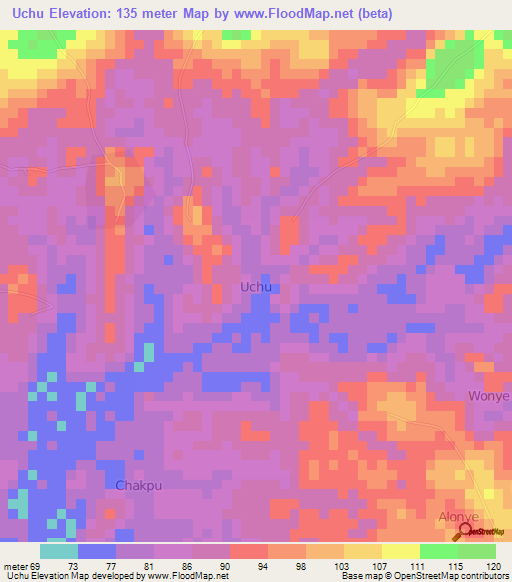 Uchu,Nigeria Elevation Map