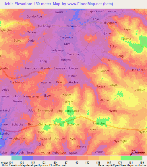 Uchir,Nigeria Elevation Map