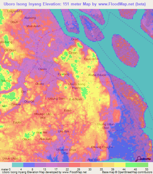 Uboro Isong Inyang,Nigeria Elevation Map