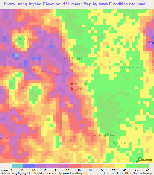 Uboro Isong Inyang,Nigeria Elevation Map