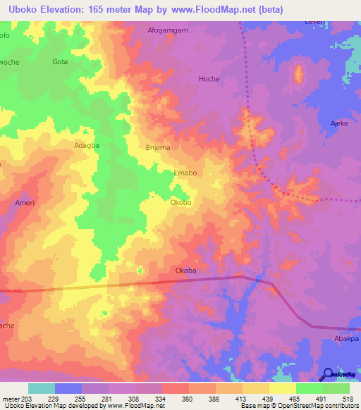 Uboko,Nigeria Elevation Map
