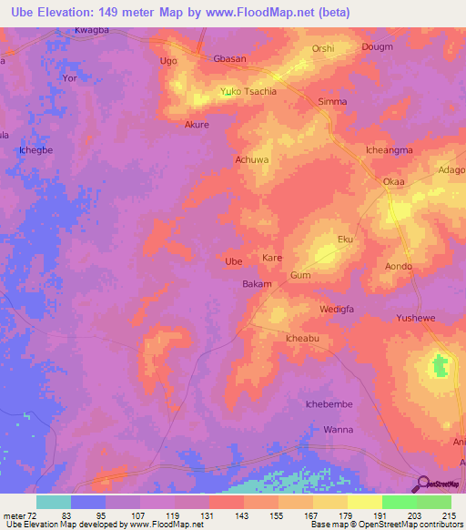 Ube,Nigeria Elevation Map