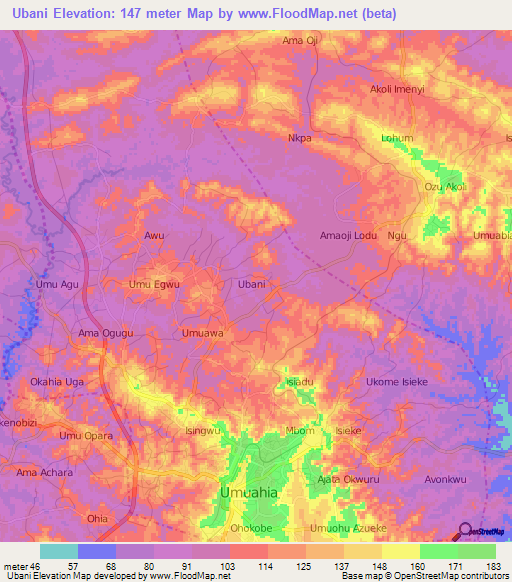 Ubani,Nigeria Elevation Map