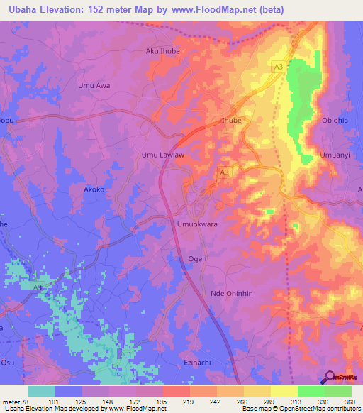 Ubaha,Nigeria Elevation Map