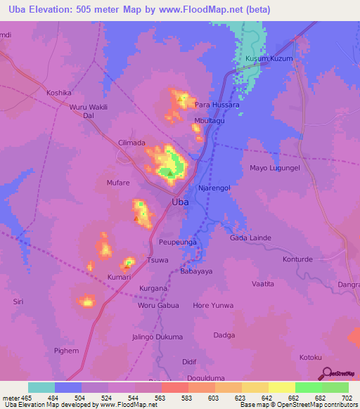 Uba,Nigeria Elevation Map