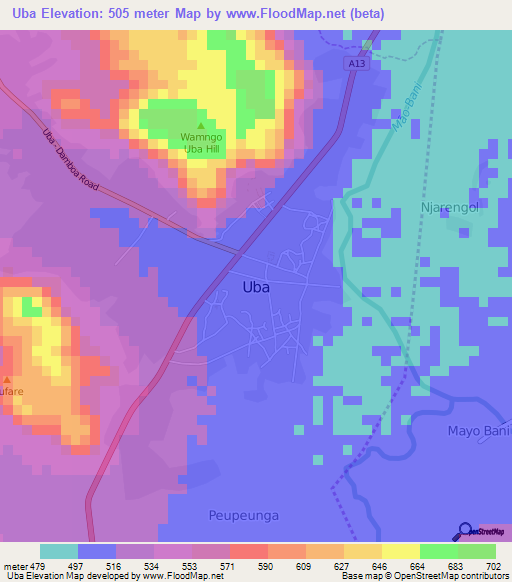 Uba,Nigeria Elevation Map