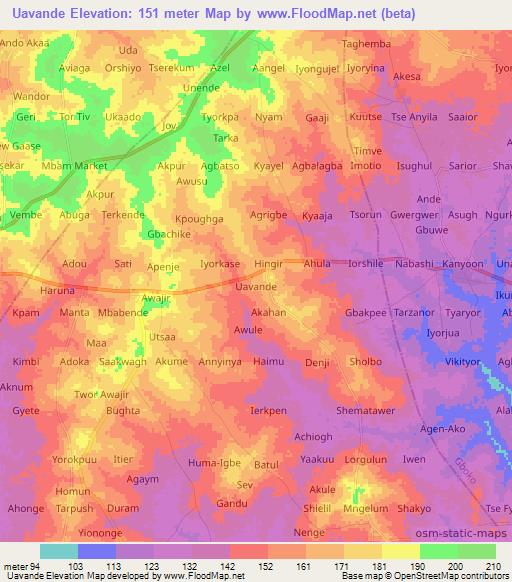 Uavande,Nigeria Elevation Map