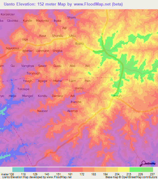 Uanto,Nigeria Elevation Map