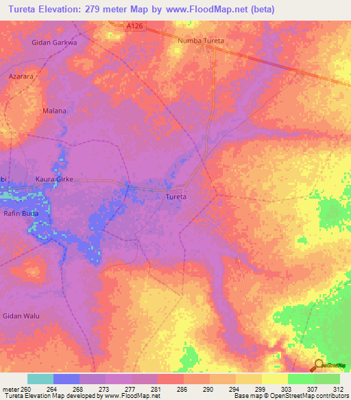 Tureta,Nigeria Elevation Map