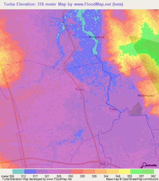 Turba,Nigeria Elevation Map