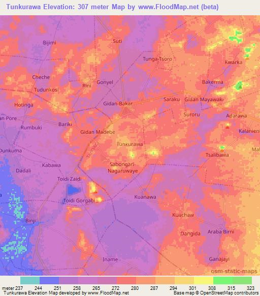 Tunkurawa,Nigeria Elevation Map