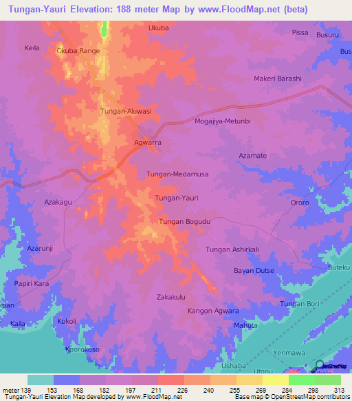 Tungan-Yauri,Nigeria Elevation Map