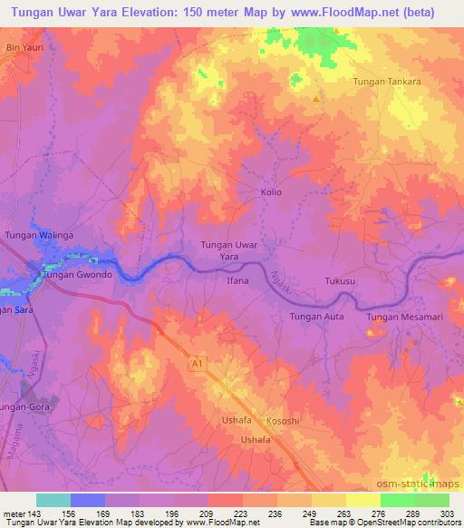 Tungan Uwar Yara,Nigeria Elevation Map