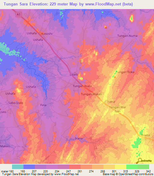 Tungan Sara,Nigeria Elevation Map