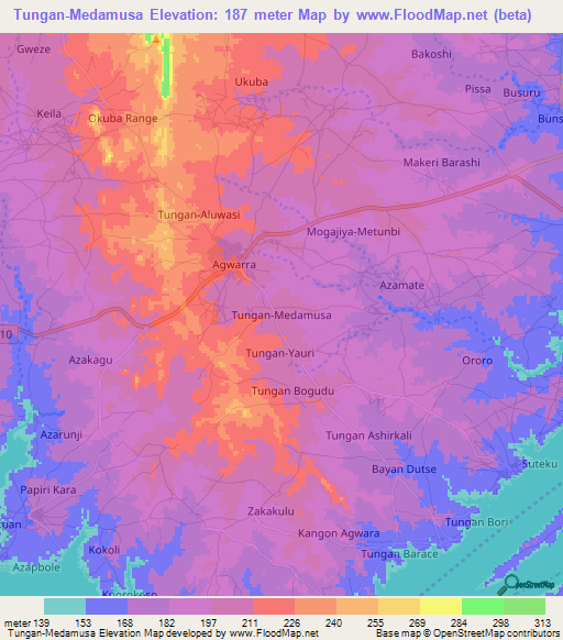 Tungan-Medamusa,Nigeria Elevation Map