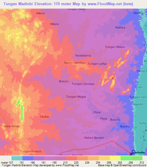 Tungan Madinbi,Nigeria Elevation Map