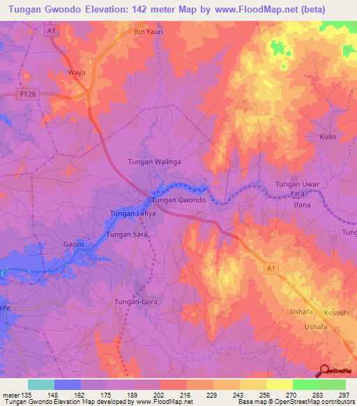 Tungan Gwondo,Nigeria Elevation Map