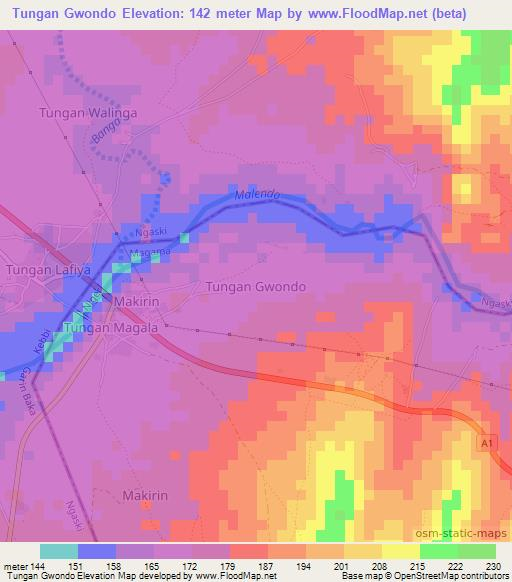 Tungan Gwondo,Nigeria Elevation Map