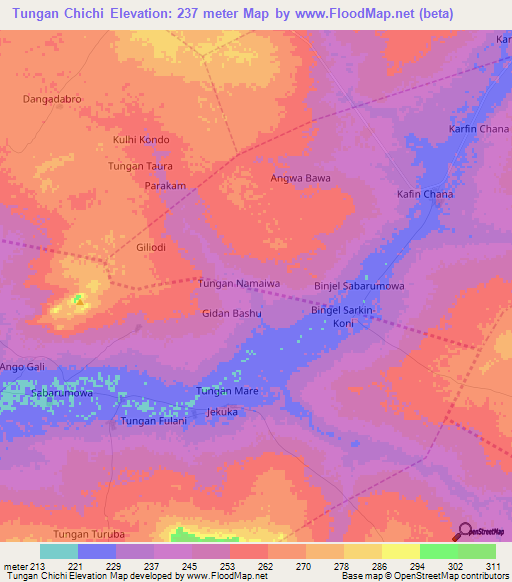 Tungan Chichi,Nigeria Elevation Map