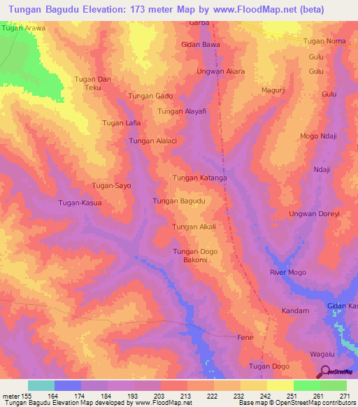 Tungan Bagudu,Nigeria Elevation Map