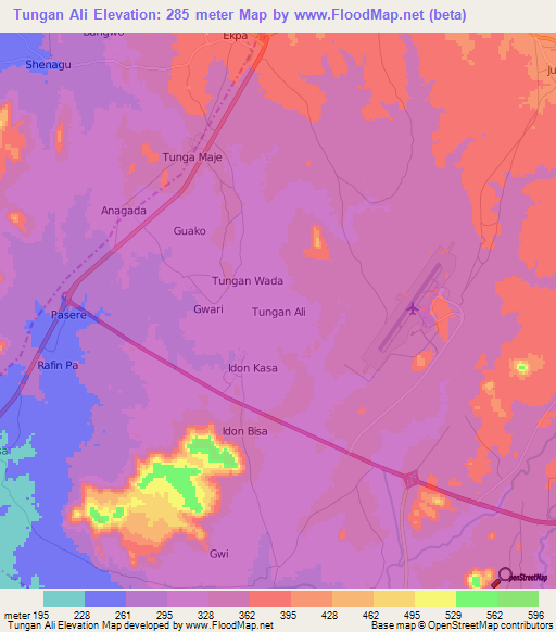 Tungan Ali,Nigeria Elevation Map