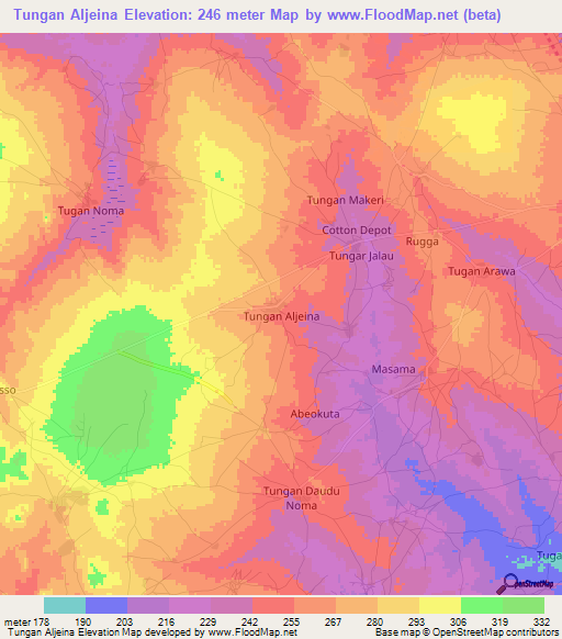 Tungan Aljeina,Nigeria Elevation Map