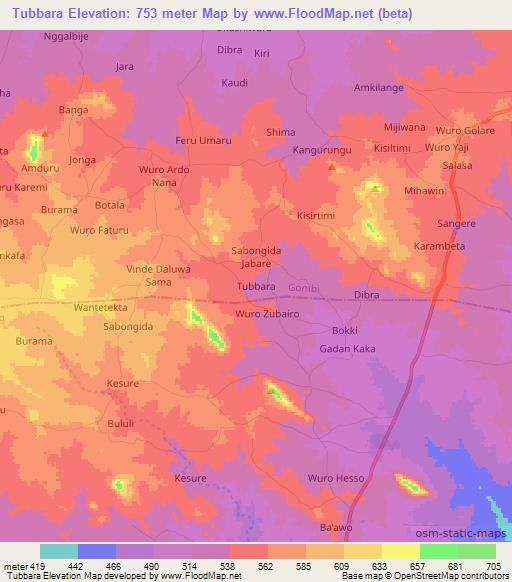 Tubbara,Nigeria Elevation Map