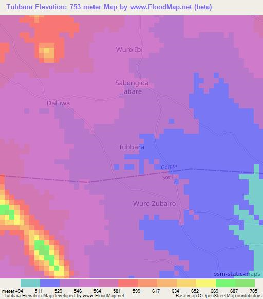 Tubbara,Nigeria Elevation Map