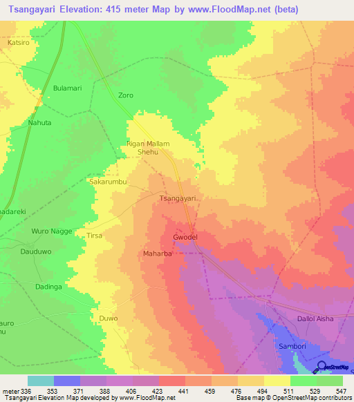 Tsangayari,Nigeria Elevation Map