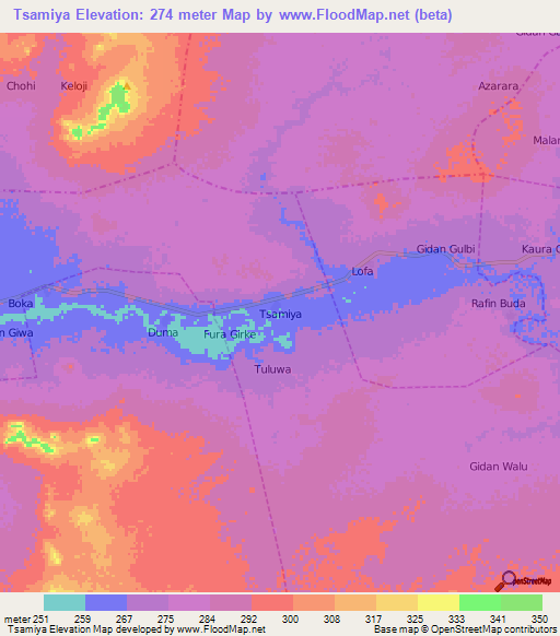 Tsamiya,Nigeria Elevation Map