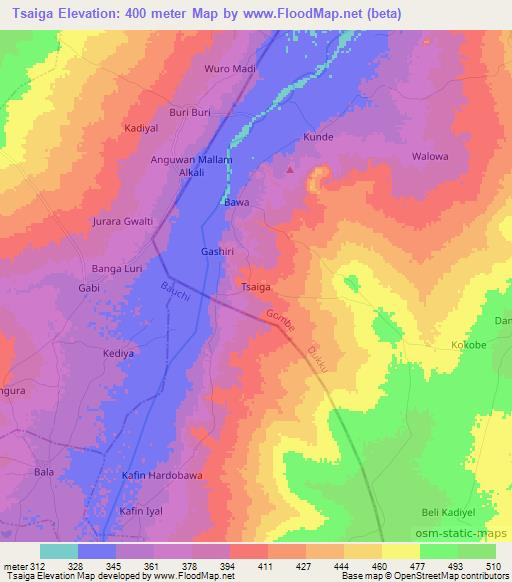 Tsaiga,Nigeria Elevation Map