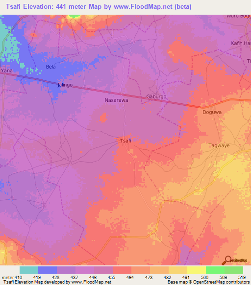 Tsafi,Nigeria Elevation Map