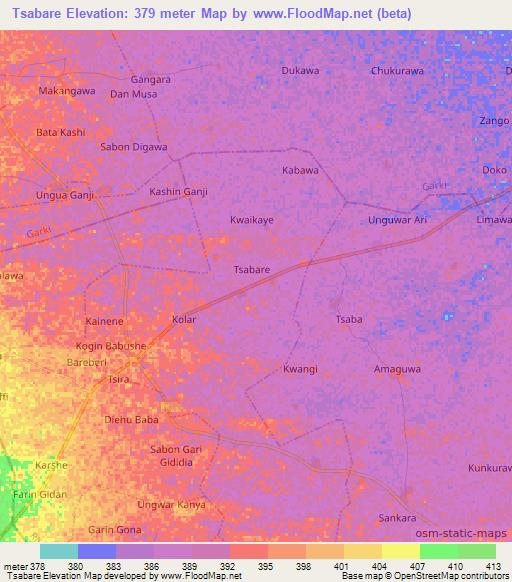 Tsabare,Nigeria Elevation Map