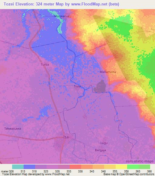 Tozei,Nigeria Elevation Map