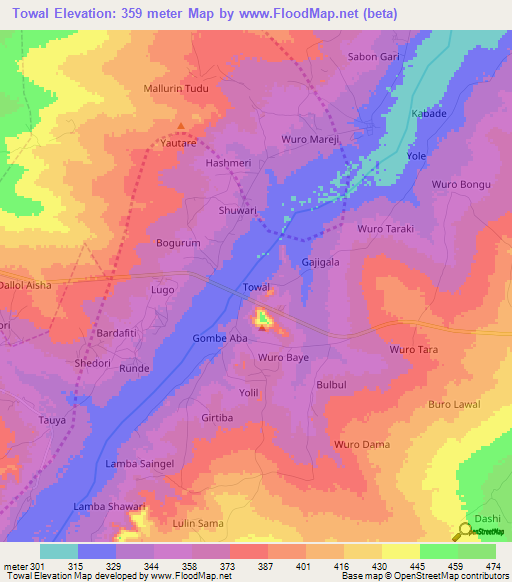 Towal,Nigeria Elevation Map