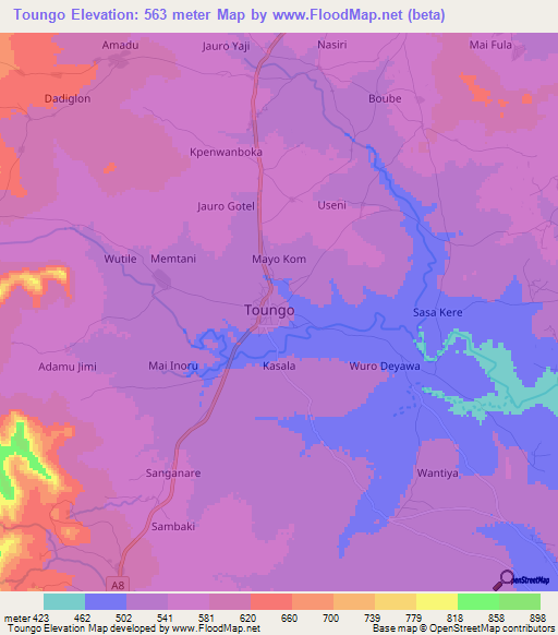 Toungo,Nigeria Elevation Map