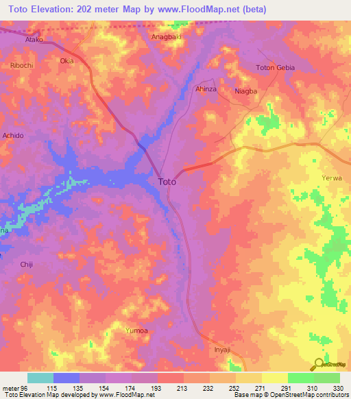 Toto,Nigeria Elevation Map