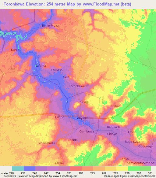 Toronkawa,Nigeria Elevation Map