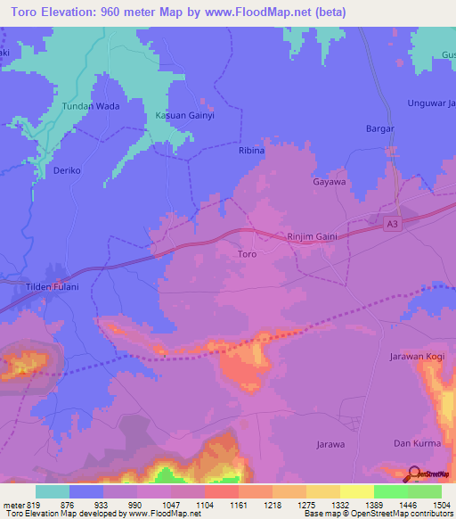 Toro,Nigeria Elevation Map