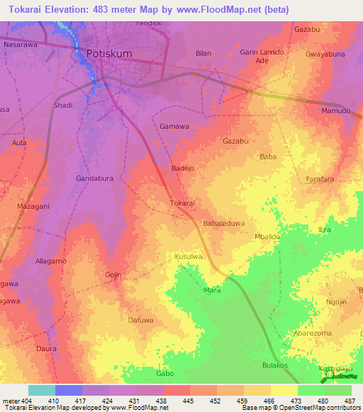 Tokarai,Nigeria Elevation Map