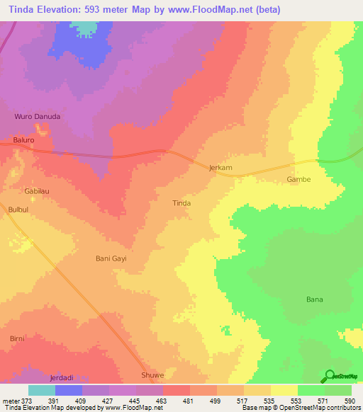 Tinda,Nigeria Elevation Map