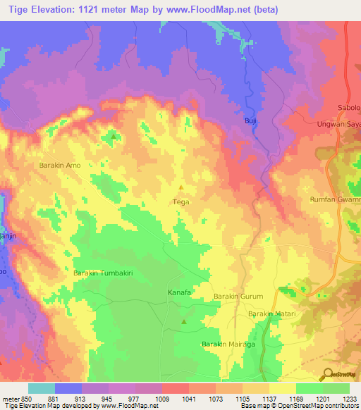 Tige,Nigeria Elevation Map