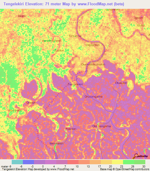 Tengelekiri,Nigeria Elevation Map