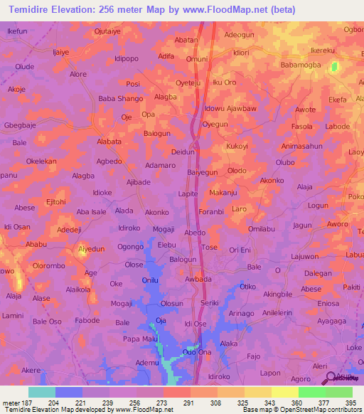 Temidire,Nigeria Elevation Map