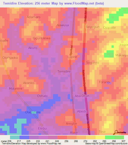 Temidire,Nigeria Elevation Map